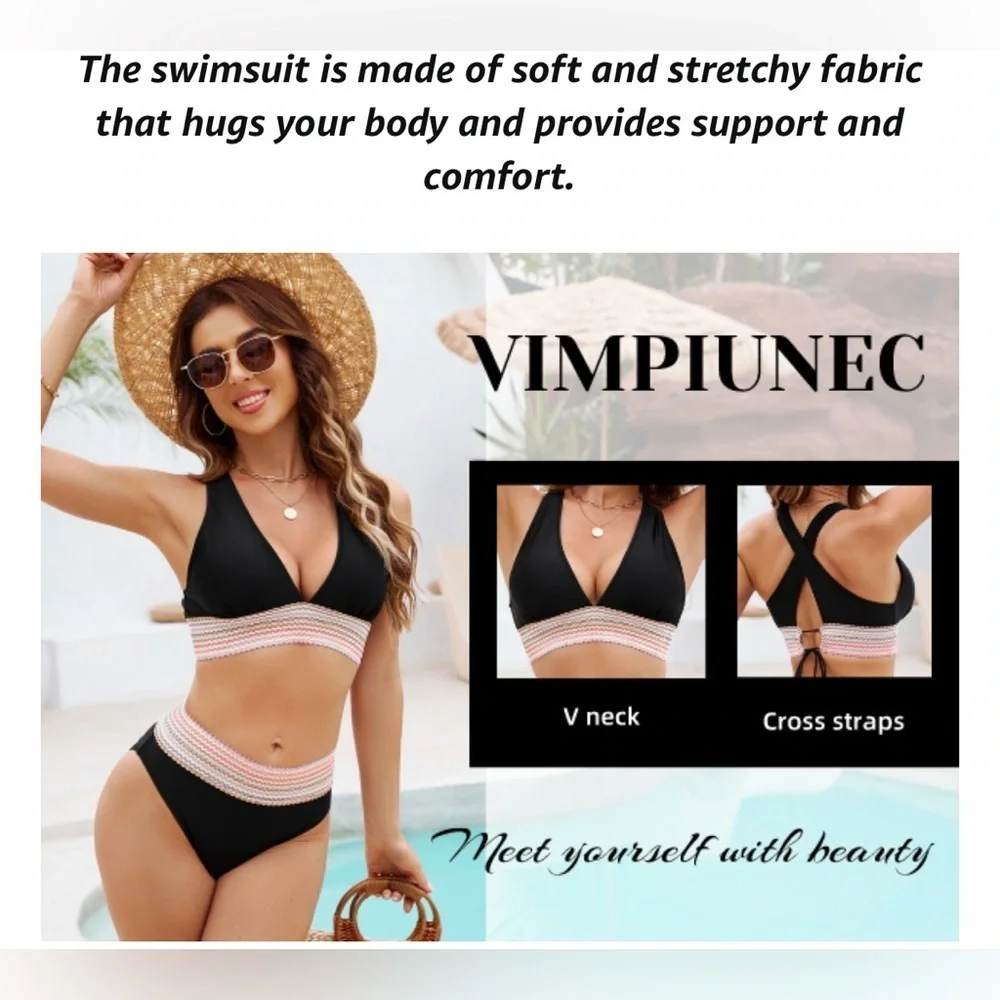 High Waisted Bikini   Tummy Control Swimsuit  2 Piece Color Block Bathing Suit